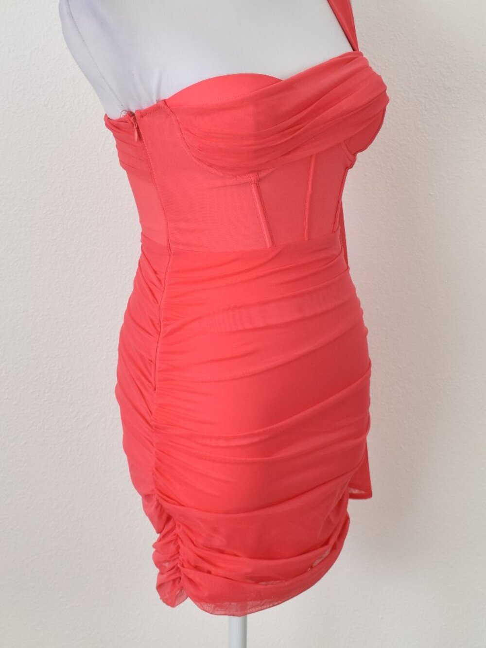 Oh Polly One For You Mesh Asymmetric Off Shoulder Mini Dress Pink - 2 - Picture 9 of 10